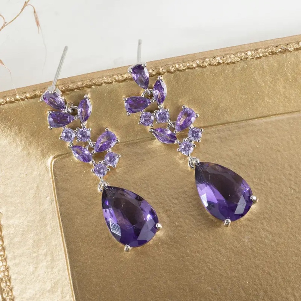 Amethyst and Zircon Silver Plated Pear Shape Dangling Earrings - Picture 4 of 12